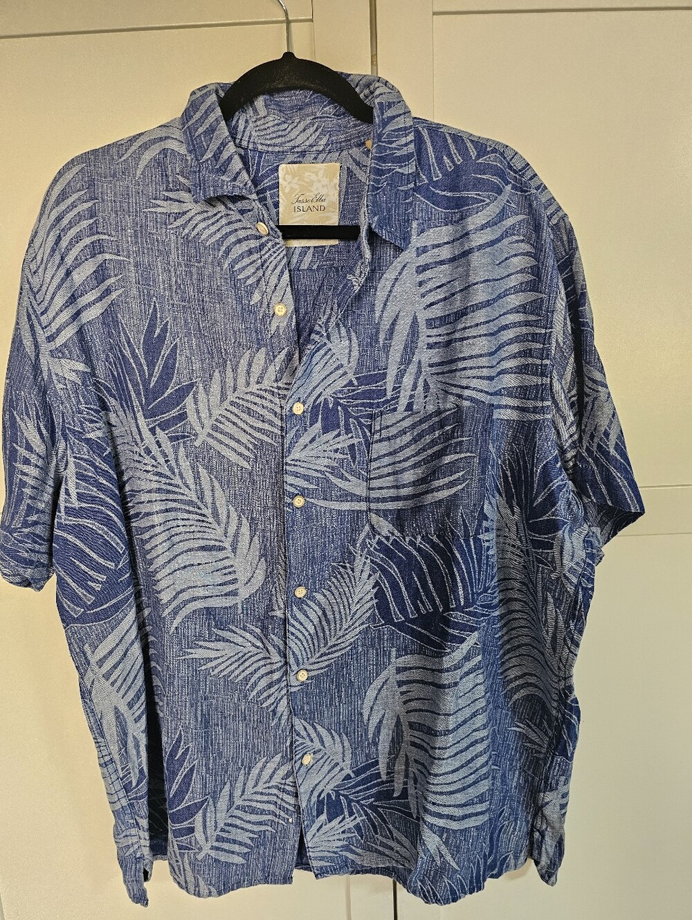 TASSO ELBA ISLAND MENS XXL BLUE HAWAIIAN SHIRT SILK LINEN PALM LEAF TROPICAL EUC